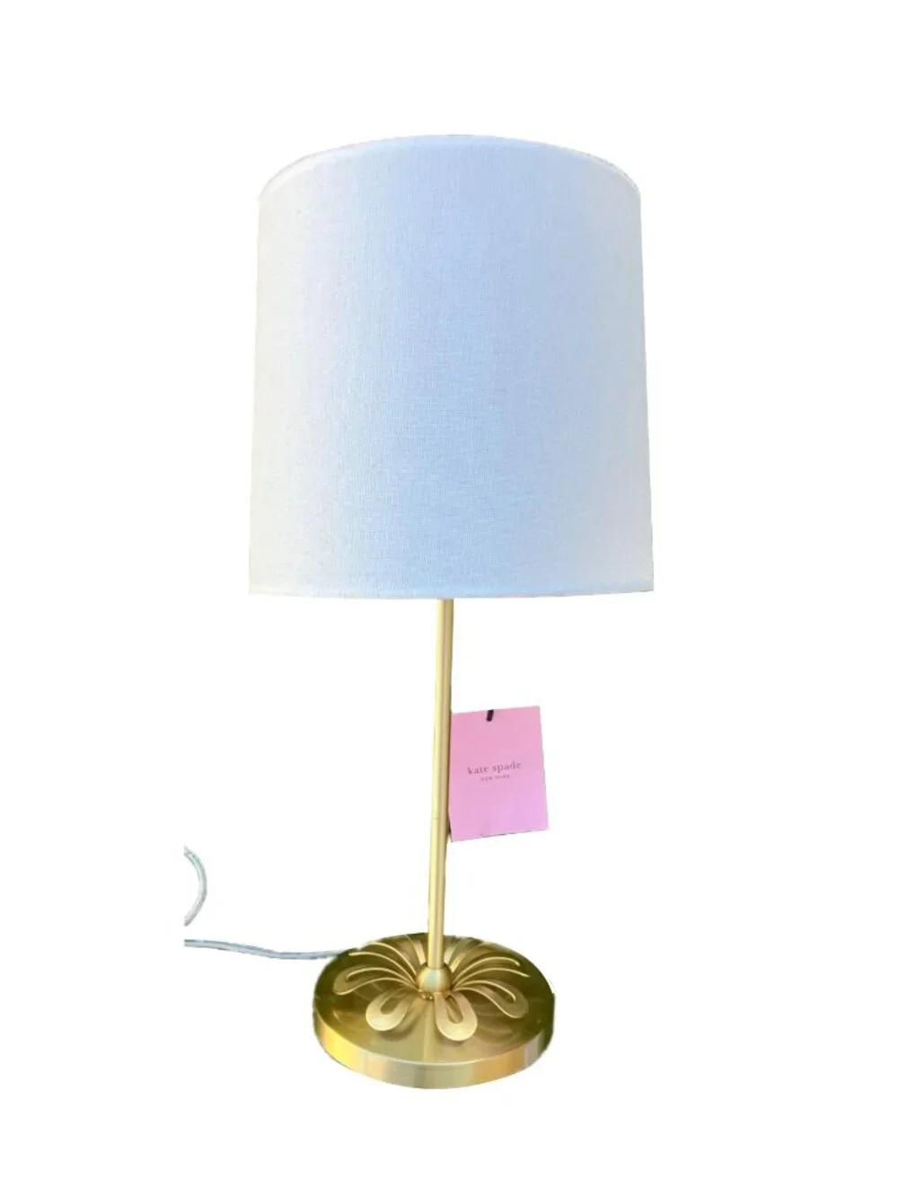 Kate Spade Table Lamp Brushed Brass Metal White Barrel Shade Flower Design NEW